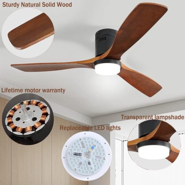 52 Inch Solid Wood Ceiling Fans With Lights, Low Profile Ceiling Fan with Light and Remote - Image 56