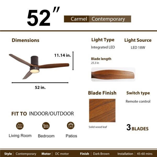 52 Inch Solid Wood Ceiling Fans With Lights, Low Profile Ceiling Fan with Light and Remote - Image 112