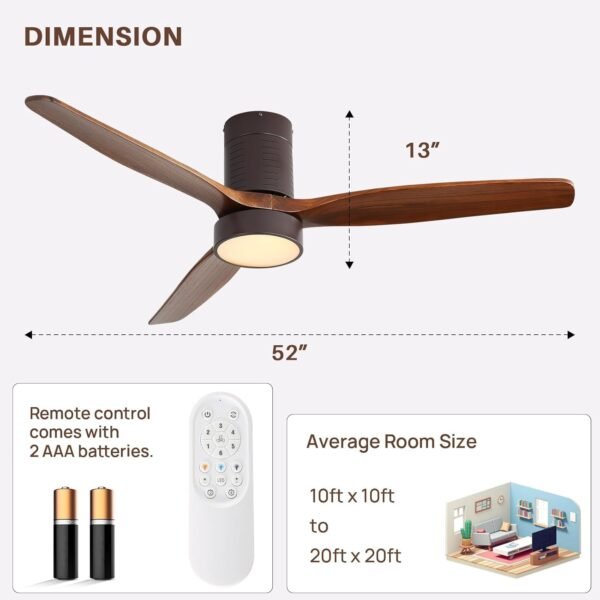 52 Inch Solid Wood Ceiling Fans With Lights, Low Profile Ceiling Fan with Light and Remote - Image 106