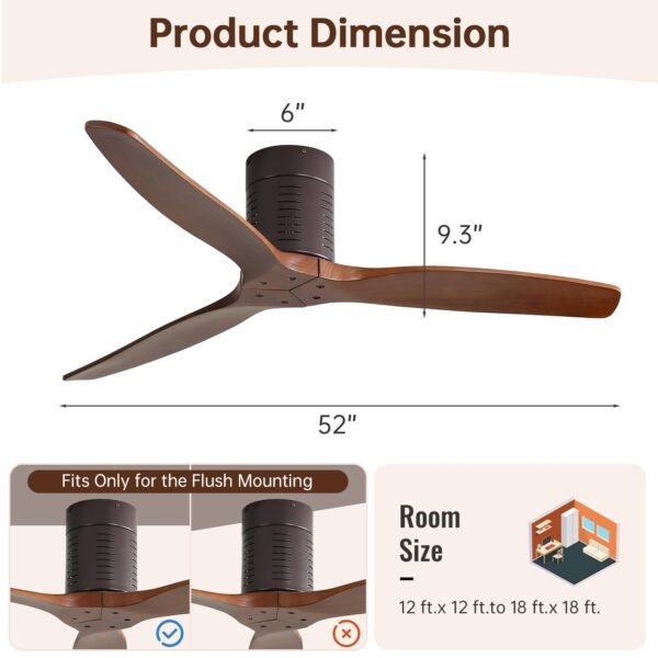 52 Inch Solid Wood Ceiling Fans With Lights, Low Profile Ceiling Fan with Light and Remote - Image 40