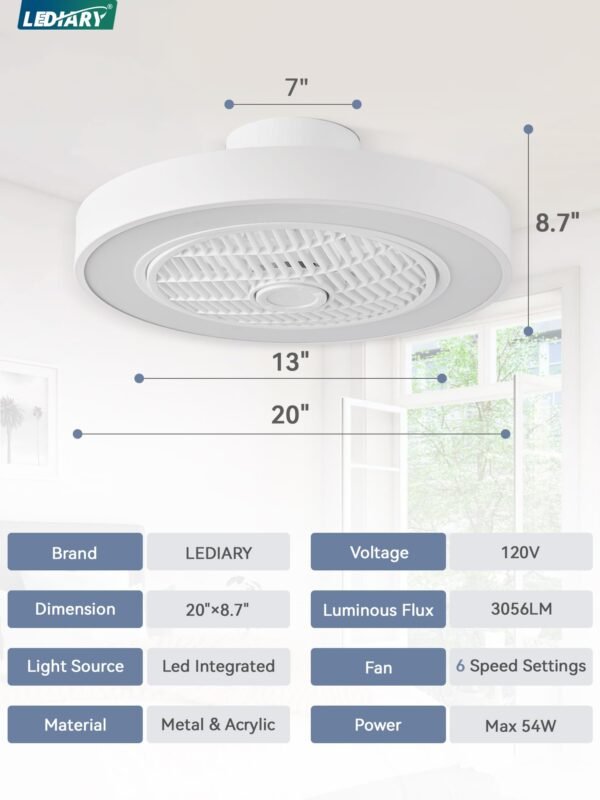 20 Inch Low Profile Ceiling Fan With Light, Led Bladeless Ceiling Fans - Image 6
