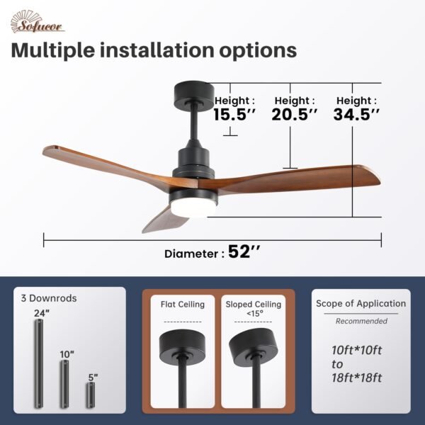 52 Inch Solid Wood Ceiling Fans With Lights, Low Profile Ceiling Fan with Light and Remote - Image 115