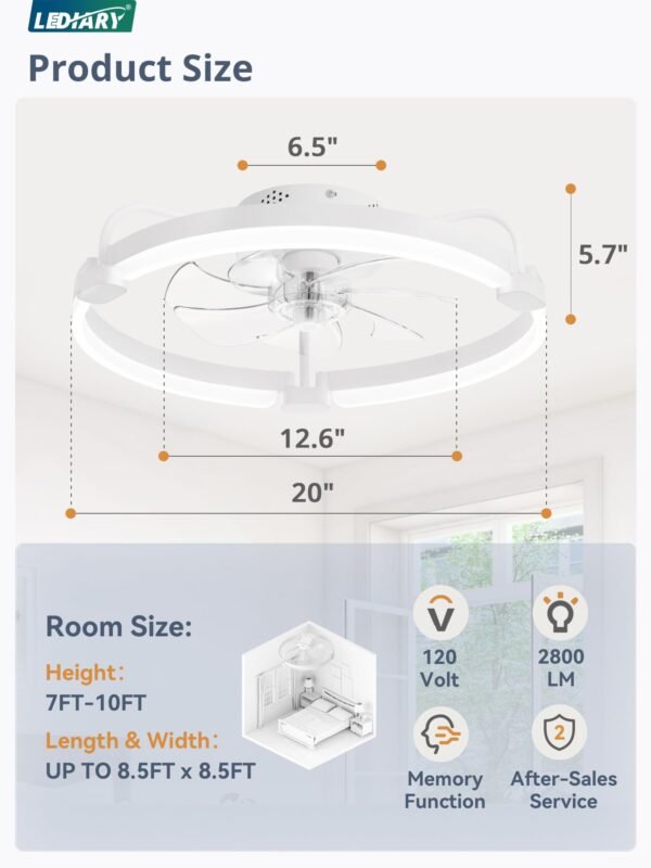 Ceiling Fans with Lights and Remote, 20'' Low Profile Ceiling Fan with Light, 3000-6000K Dimmable Fandelier LED Fan Light - Image 6