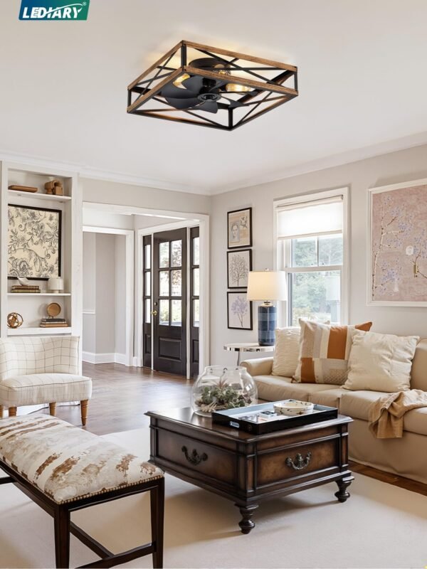 Caged Low Profile Ceiling Fans with Lights and Remote, Rustic Square Flush Mount Ceiling Fan - Image 27