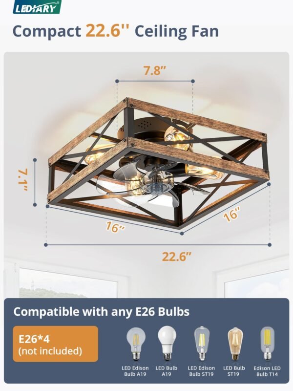 Caged Low Profile Ceiling Fans with Lights and Remote, Rustic Square Flush Mount Ceiling Fan - Image 6