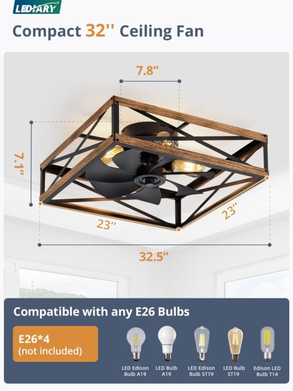 Caged Low Profile Ceiling Fans with Lights and Remote, Rustic Square Flush Mount Ceiling Fan - Image 26