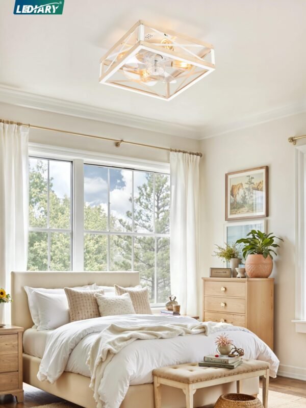 Caged Low Profile Ceiling Fans with Lights and Remote, Rustic Square Flush Mount Ceiling Fan - Image 46