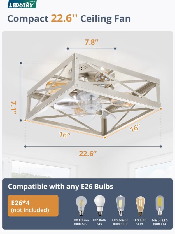 Caged Low Profile Ceiling Fans with Lights and Remote, Rustic Square Flush Mount Ceiling Fan - Image 32