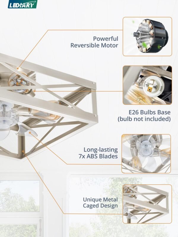 Caged Low Profile Ceiling Fans with Lights and Remote, Rustic Square Flush Mount Ceiling Fan - Image 31