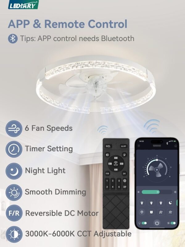 20 Inch Low Profile Ceiling Fans with Lights and Remote, Fandelier Ceiling Fan Flush Mount, 3000K-6000K Dimmable LED Fan Light - Image 62