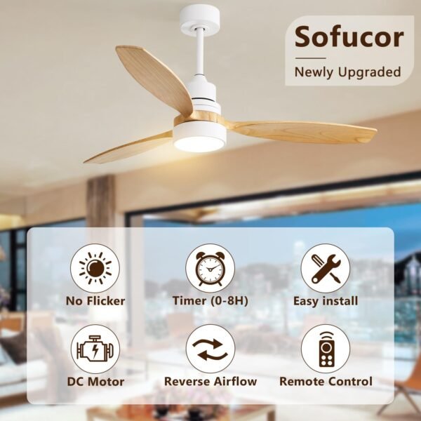52 inch Solid Wood Ceiling Fan with Lights and Remote, Low Profile Yellow White Ceiling Fan - Image 11
