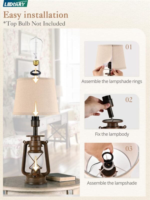18.72" LED Vintage Lantern Flickering Flame Table Lamps for Bedrooms Set of 2, Small Farmhouse Rustic Vintage End Table Lamps - Image 6