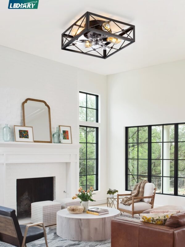 Caged Flush Mount Ceiling Fans with Lights and Remote, Black Square Low Profile Rustic Ceiling Fan - Image 14