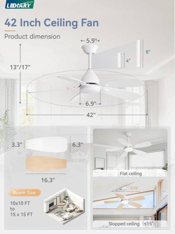 Ceiling Fans with Lights,42 inch Ceiling Fans with Lights and Remote,3CCT,6 Speeds,Reversible DC Motor - Image 6