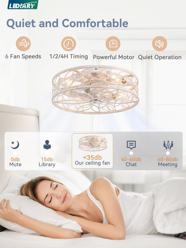 Caged Ceiling Fans with Lights, White Flush Mount Ceiling Fan with Remote - Image 9