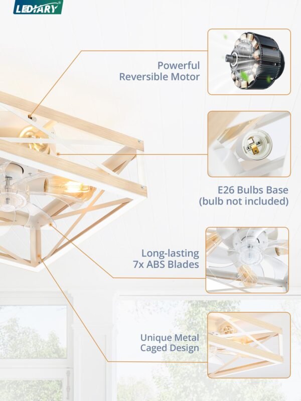 Caged Low Profile Ceiling Fans with Lights and Remote, Rustic Square Flush Mount Ceiling Fan - Image 44