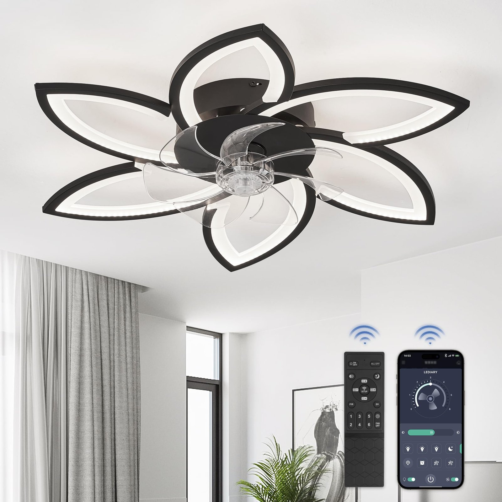 Flower Ceiling Fans with Lights, Small 30 Inch Modern Low Profile Ceiling Fan, Dimmable LED Ceiling Light Fixture