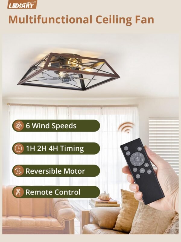 20" Caged Ceiling Fans with Lights and Remote, Flush Mount Bladeless Ceiling Fan Low Profile - Image 11