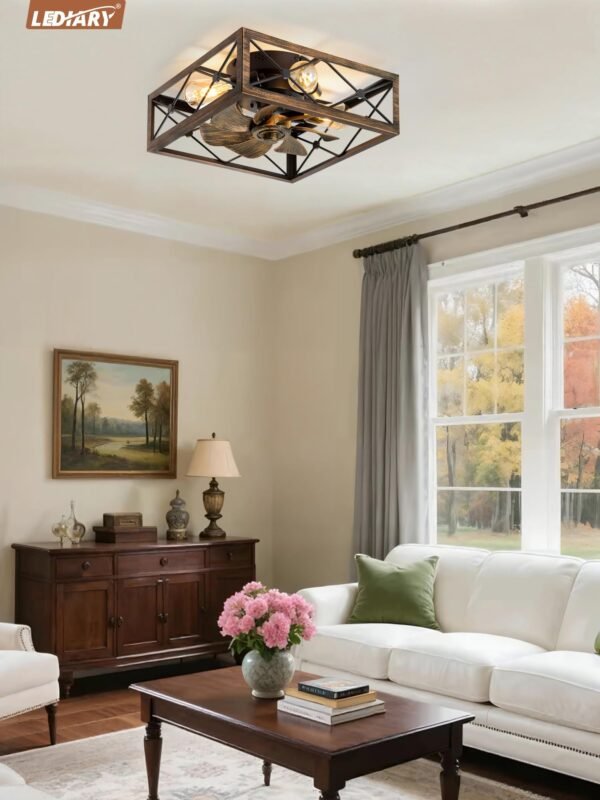 Caged Flush Mount Ceiling Fans with Lights and Remote, Black Square Low Profile Rustic Ceiling Fan - Image 7