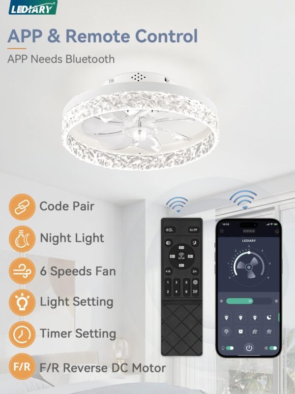 20 Inch Low Profile Ceiling Fans with Lights and Remote, Fandelier Ceiling Fan Flush Mount, 3000K-6000K Dimmable LED Fan Light - Image 5