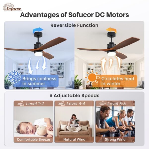 52 Inch Solid Wood Ceiling Fans With Lights, Low Profile Ceiling Fan with Light and Remote - Image 33