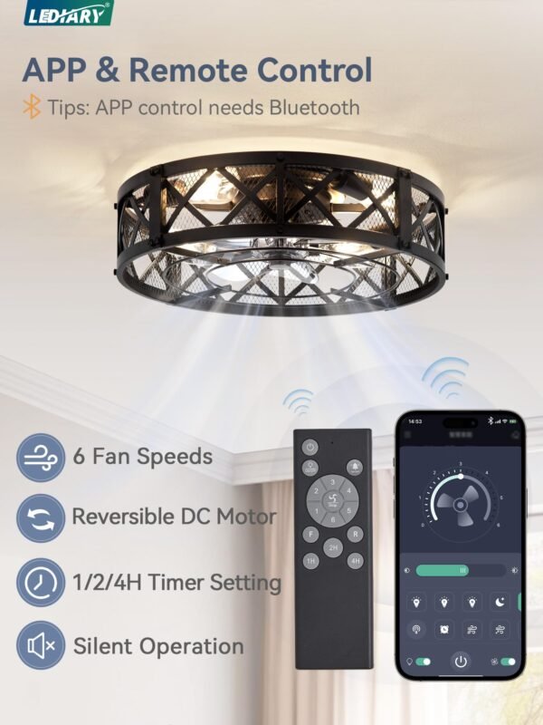 20" Caged Ceiling Fan With Light, APP&Remote Control, Small Flush Mount Farmhouse Fan Lights - Image 2