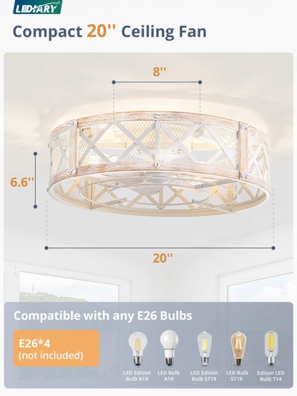 20" Caged Ceiling Fan With Light, APP&Remote Control, Small Flush Mount Farmhouse Fan Lights - Image 22