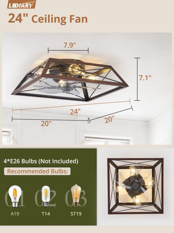 20" Caged Ceiling Fans with Lights and Remote, Flush Mount Bladeless Ceiling Fan Low Profile - Image 14