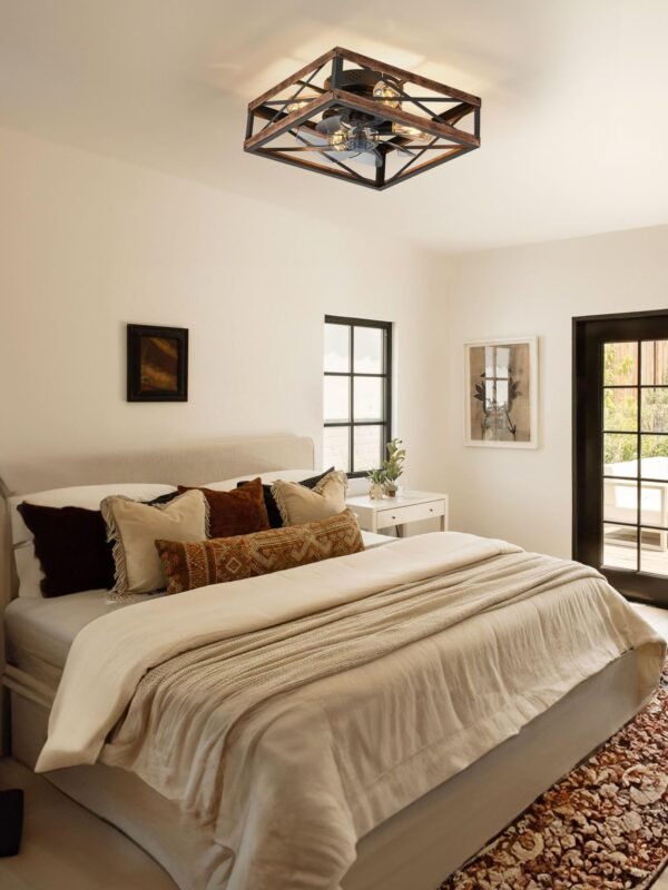 Caged Low Profile Ceiling Fans with Lights and Remote, Rustic Square Flush Mount Ceiling Fan - Image 7