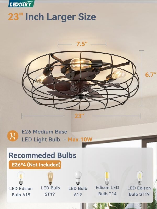 20" Caged Ceiling Fans with Lights and Remote, Flush Mount Bladeless Ceiling Fan Low Profile - Image 43