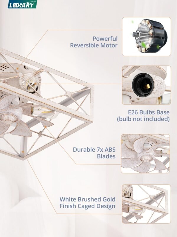 Caged Low Profile Ceiling Fans with Lights and Remote, White Square Flush Mount Ceiling Fan - Image 5