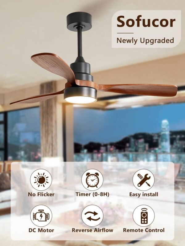 52 inch Solid Wood Ceiling Fan with Lights and Remote, Low Profile Yellow White Ceiling Fan - Image 3