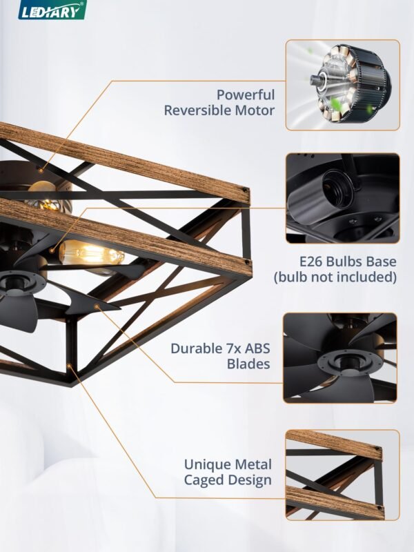 Caged Low Profile Ceiling Fans with Lights and Remote, Rustic Square Flush Mount Ceiling Fan - Image 25
