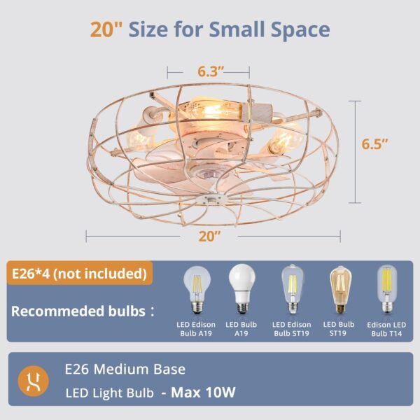 20" Caged Ceiling Fans with Lights and Remote, Flush Mount Bladeless Ceiling Fan Low Profile - Image 22