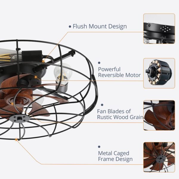 20" Caged Ceiling Fans with Lights and Remote, Flush Mount Bladeless Ceiling Fan Low Profile - Image 35