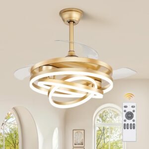 42 Inch Retractable Ceiling Fan with Lights, Fandelier Ceiling Fan with 6 Speeds