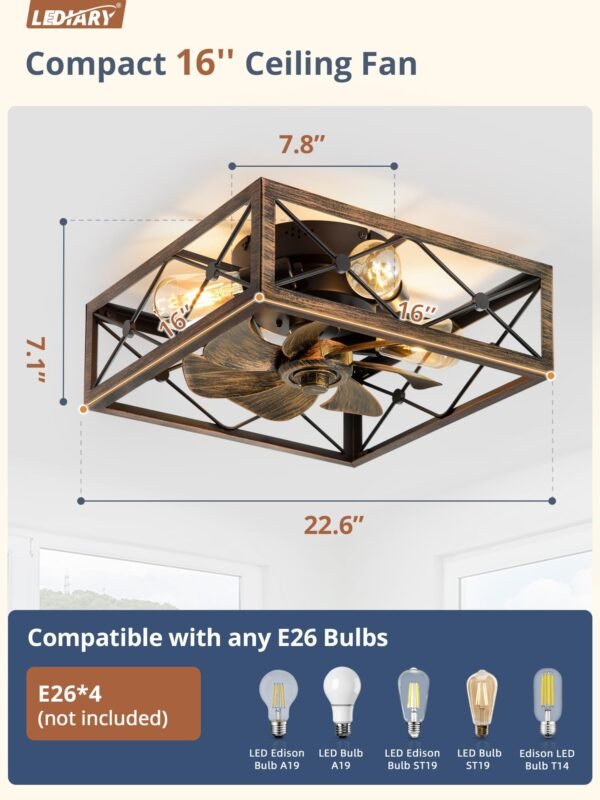 Caged Flush Mount Ceiling Fans with Lights and Remote, Black Square Low Profile Rustic Ceiling Fan - Image 6