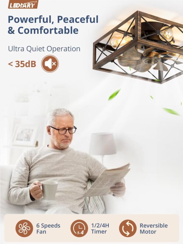 Caged Flush Mount Ceiling Fans with Lights and Remote, Black Square Low Profile Rustic Ceiling Fan - Image 2