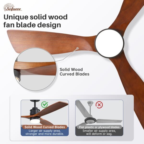 52 Inch Solid Wood Ceiling Fans With Lights, Low Profile Ceiling Fan with Light and Remote - Image 35
