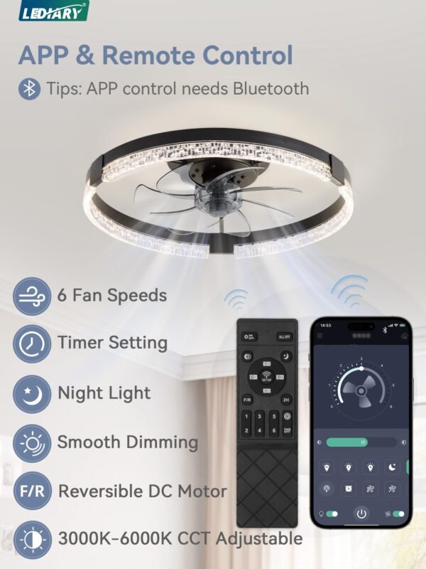 20 Inch Low Profile Ceiling Fans with Lights and Remote, Fandelier Ceiling Fan Flush Mount, 3000K-6000K Dimmable LED Fan Light - Image 16