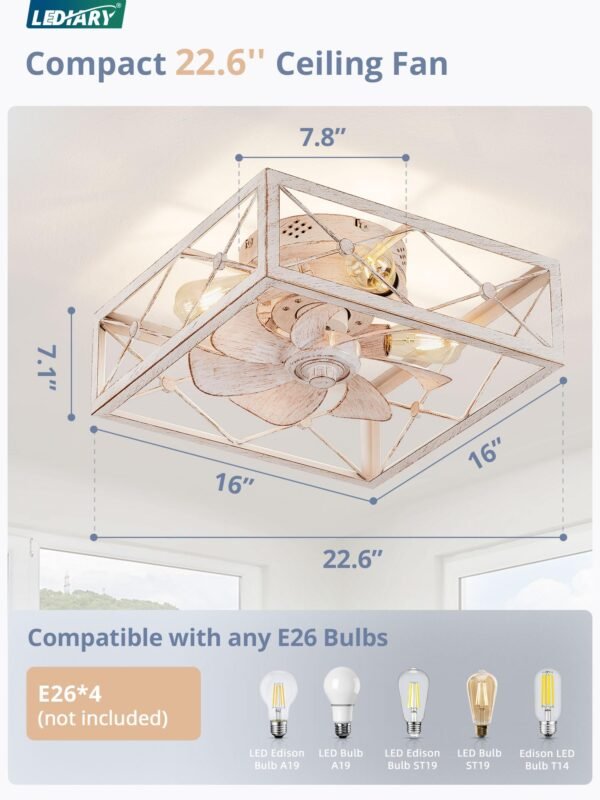 Caged Low Profile Ceiling Fans with Lights and Remote, White Square Flush Mount Ceiling Fan - Image 6