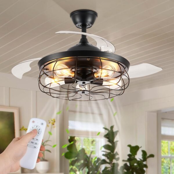 20" Caged Ceiling Fans with Lights and Remote, Flush Mount Bladeless Ceiling Fan Low Profile - Image 8