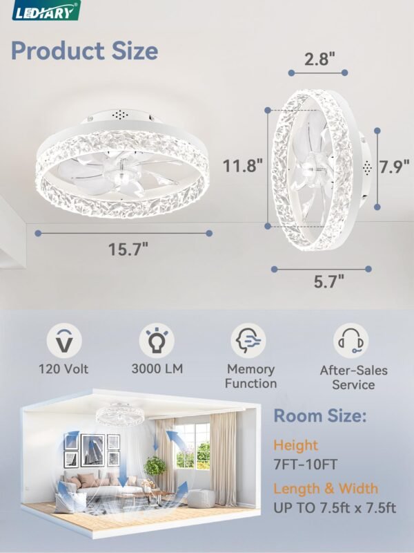 20 Inch Low Profile Ceiling Fans with Lights and Remote, Fandelier Ceiling Fan Flush Mount, 3000K-6000K Dimmable LED Fan Light - Image 6