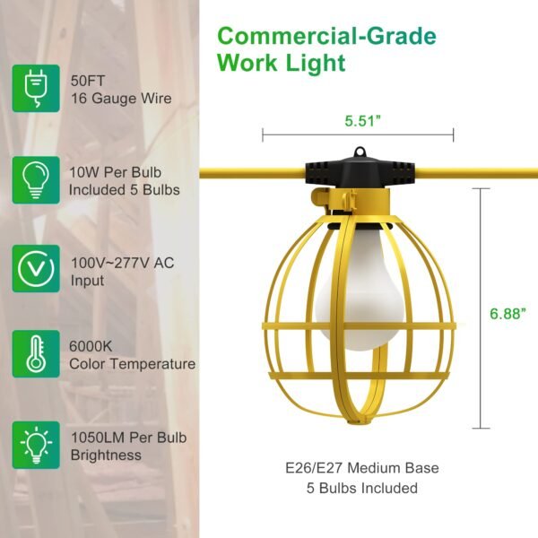 100FT Construction String Lights, 10 Bulbs 100W 10500LM String Work Lights with 10 Medium Base Sockets - Image 2