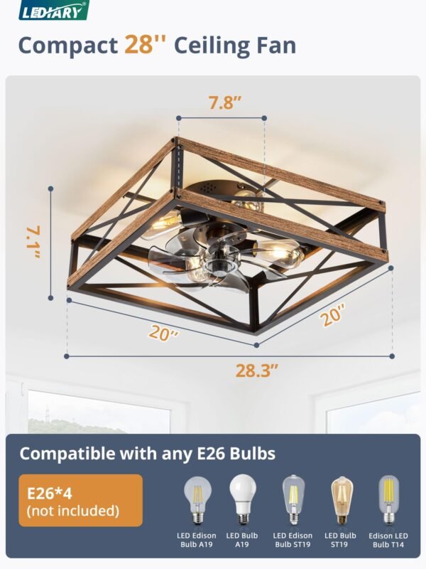 Caged Low Profile Ceiling Fans with Lights and Remote, Rustic Square Flush Mount Ceiling Fan - Image 12
