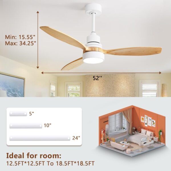 52 inch Solid Wood Ceiling Fan with Lights and Remote, Low Profile Yellow White Ceiling Fan - Image 14