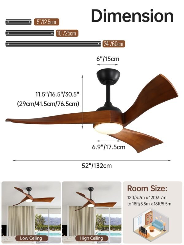 52 Inch Solid Wood Ceiling Fans With Lights, Low Profile Ceiling Fan with Light and Remote - Image 132