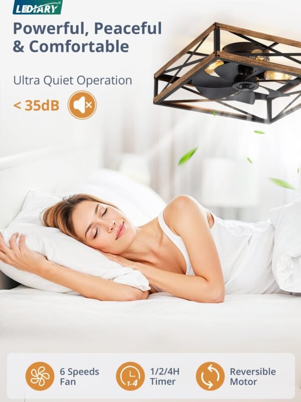 Caged Low Profile Ceiling Fans with Lights and Remote, Rustic Square Flush Mount Ceiling Fan - Image 22