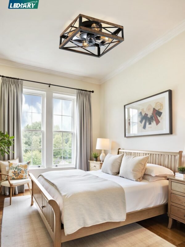 Caged Low Profile Ceiling Fans with Lights and Remote, Rustic Square Flush Mount Ceiling Fan - Image 20