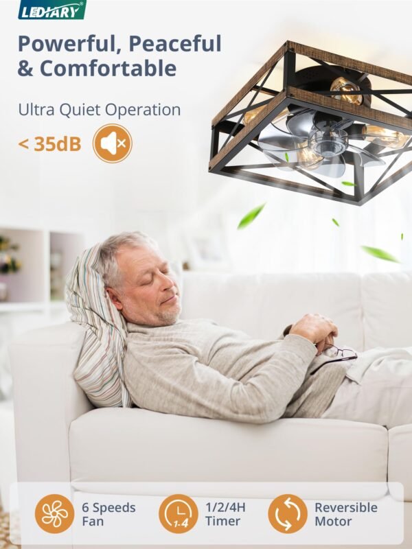 Caged Low Profile Ceiling Fans with Lights and Remote, Rustic Square Flush Mount Ceiling Fan - Image 15